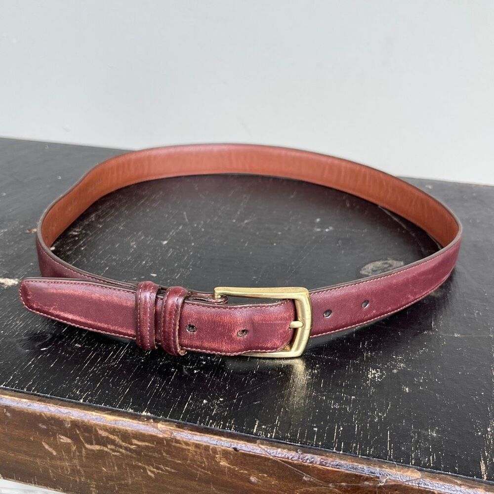 VTG Lands End Leather Belt 34 Oxblood Burgundy Brass Buckle Made USA Preppy